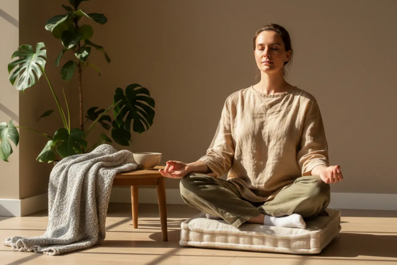 Image photoréaliste d'une personne sereine adulte en méditation assise en tailleur sur un coussin zafu, les yeux clos, dans une pièce minimaliste baignée de lumière naturelle avec des plantes d'intérieur et des tons chauds.