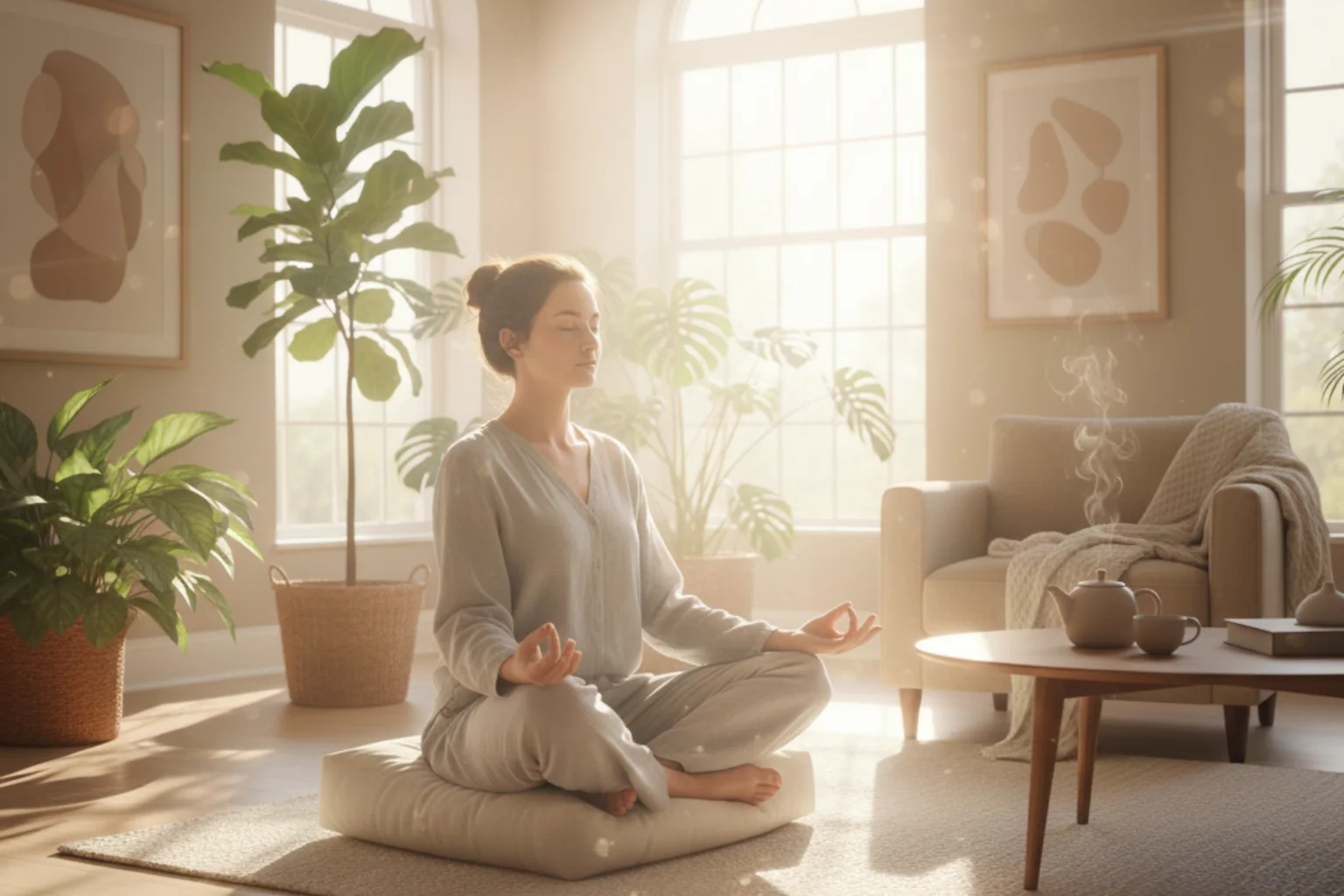 Découvrez la sérénité avec cette image photoréaliste d'une personne méditant dans un salon ensoleillé pour combattre son stress et son anxiété. Atmosphère calme, plantes vertes et lumière naturelle pour une illustration de pleine conscience et de paix intérieure.