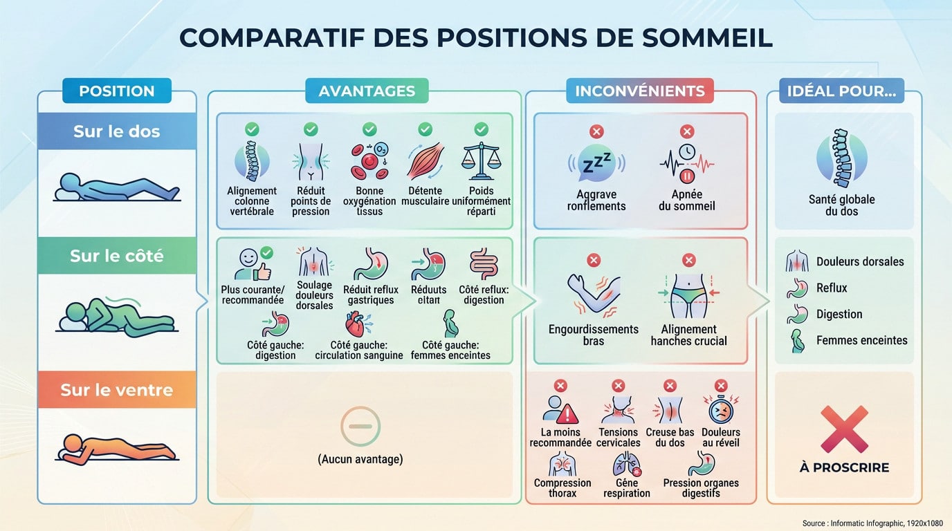 Illustration comparative des positions de sommeil sur le dos, le côté et le ventre