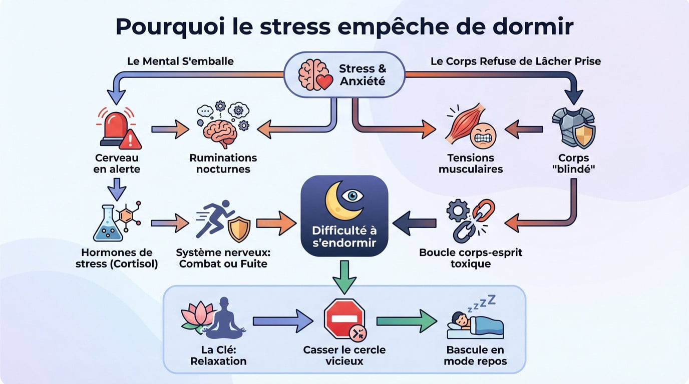 Femme stressée dans son lit incapable de dormir à cause de l'anxiété