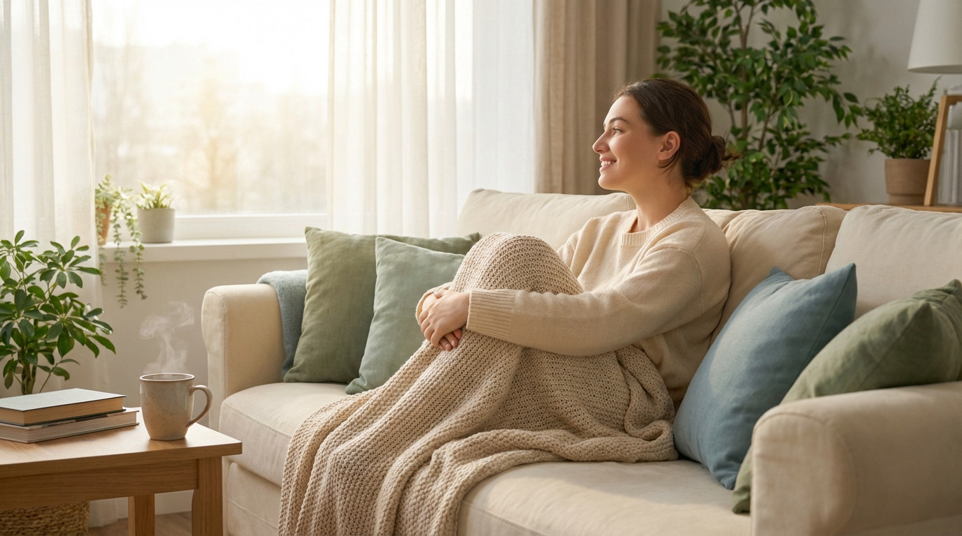 Young woman on sofa, blanket, soft light, peaceful expression. Represents calm, improved mood, and restful sleep.
