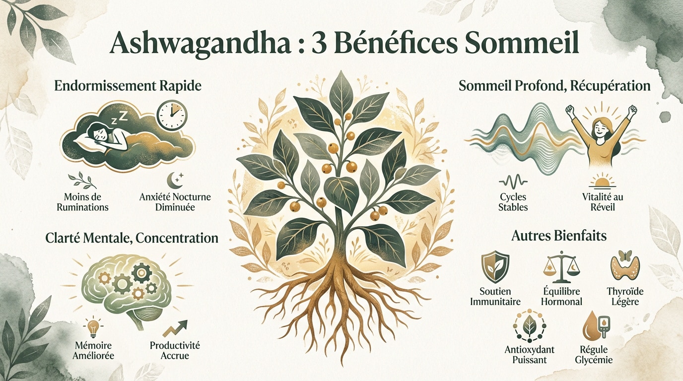 Femme sereine profitant des bienfaits de l'ashwagandha pour son sommeil