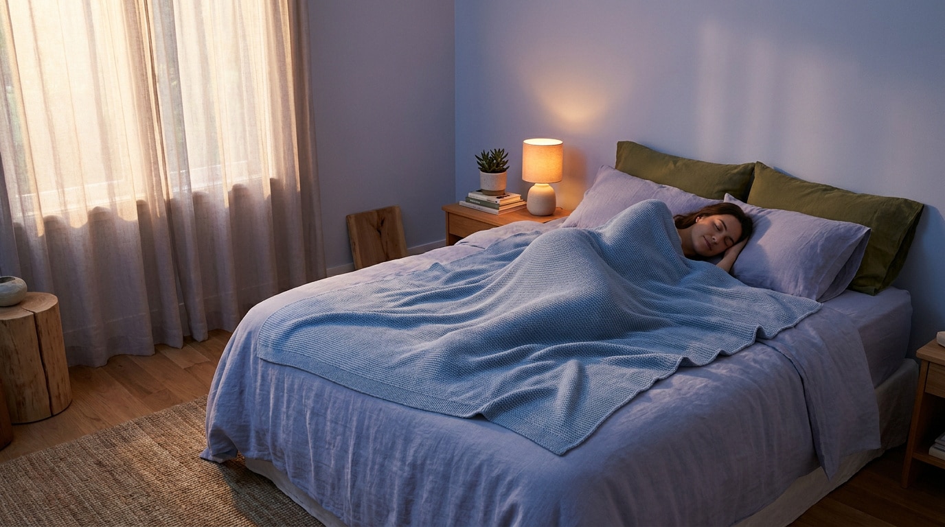 Techniques pour s’endormir sereinement Une femme dort paisiblement sous une couverture bleue dans une chambre à coucher à l'ambiance apaisante grâce à une technique pour s'endormir facilement