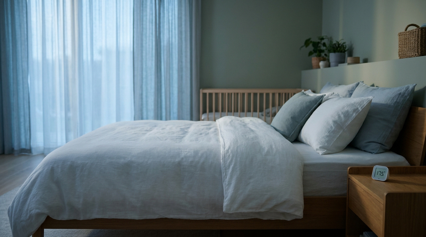 Température idéale pour une chambre apaisante Une chambre calme avec un lit confortable et un thermomètre numérique affichant 17,5°C sur la table de chevet.