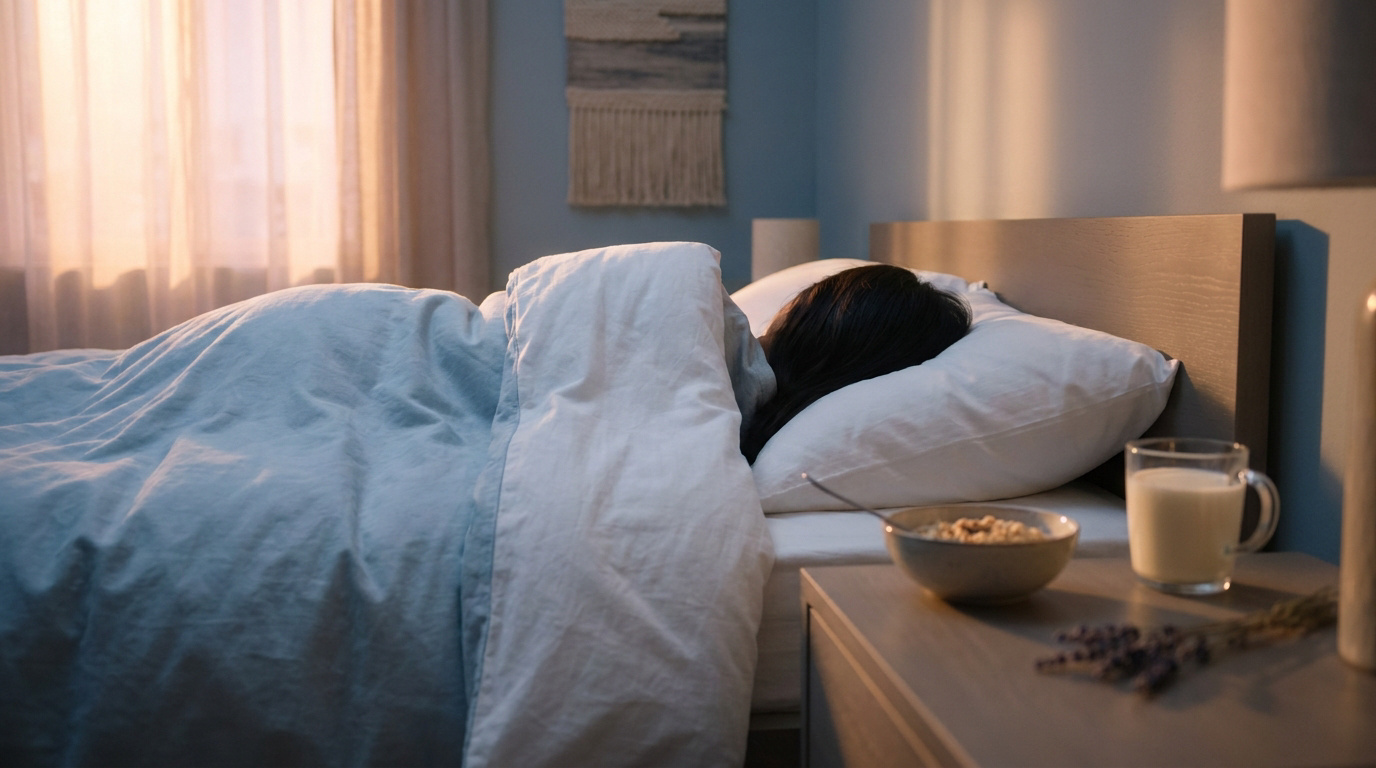 Tryptophane et sommeil : une nuit réparatrice Une personne dort paisiblement dans un lit avec un bol d'avoine et un verre de lait sur la table de nuit.