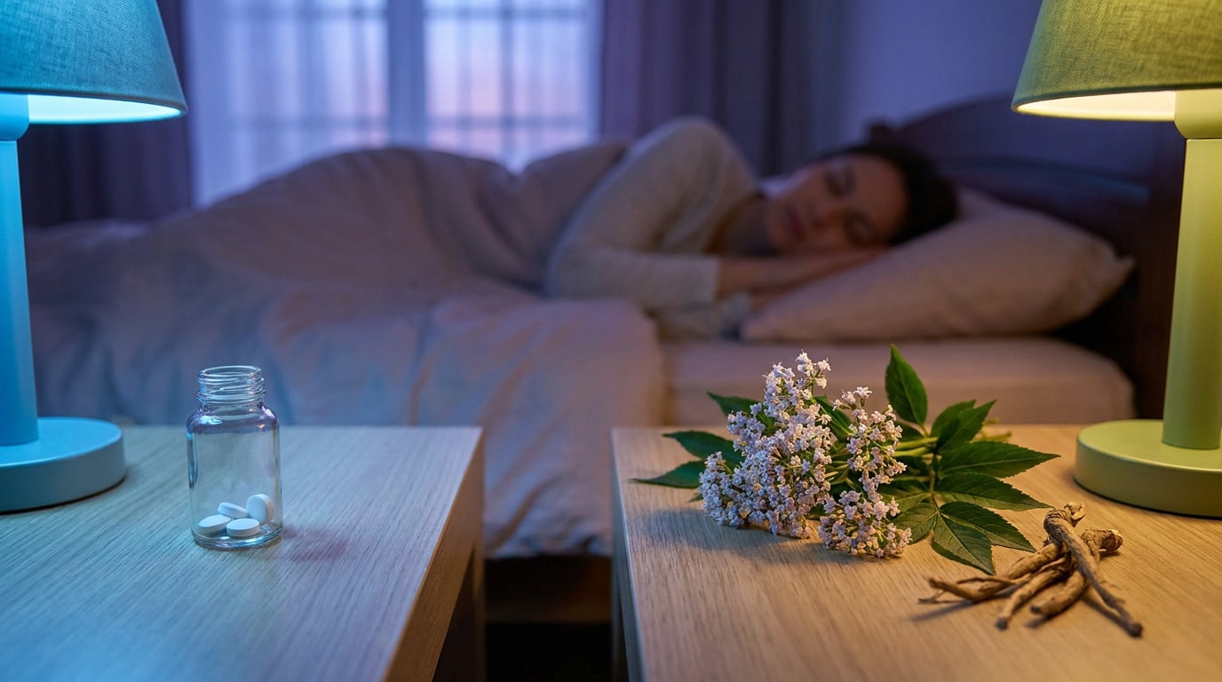 Comparaison entre des comprimés de mélatonine et des fleurs de valériane sur une table de nuit avec une personne endormie.