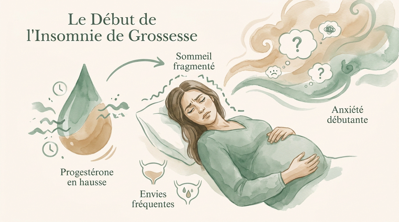 Femme enceinte pensive assise sur son lit durant la nuit illustrant l'insomnie précoce