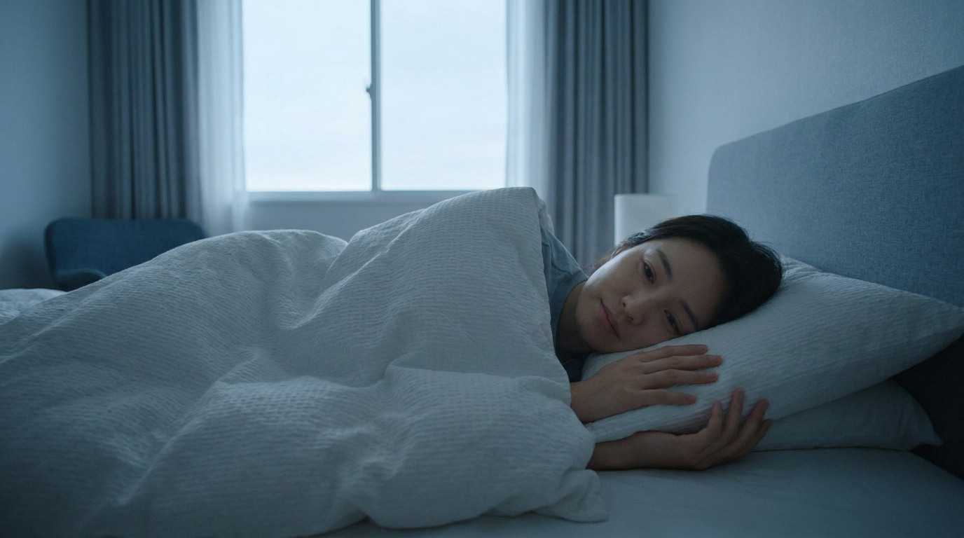 Une femme éveillée dans son lit, regardant fixement devant elle dans une chambre sombre.