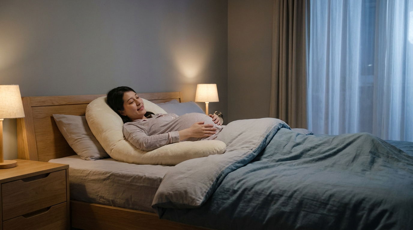 Grossesse et sérénité nocturne Une femme enceinte se repose dans son lit avec un coussin de maternité, profitant d'un moment de calme la nuit.