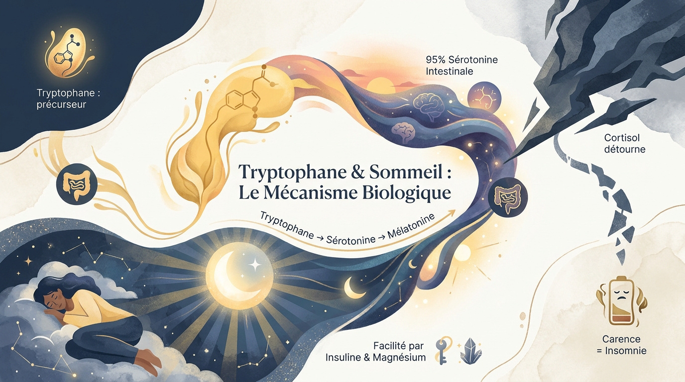 Schéma de la conversion métabolique du tryptophane en sérotonine puis en mélatonine pour le sommeil