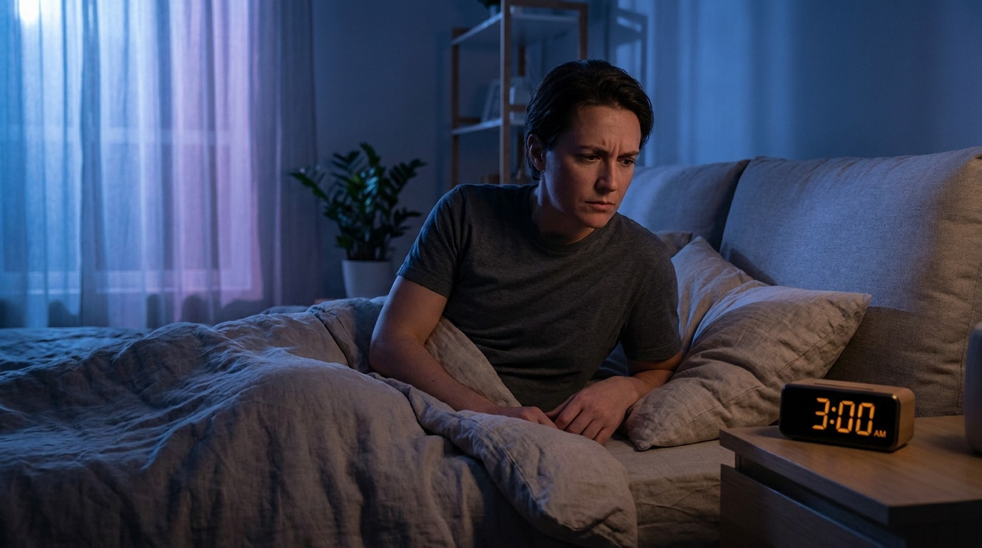 Réveil nocturne à 3h du matin Une personne éveillée dans son lit à 3h du matin, l'air préoccupé, regardant un réveil numérique.