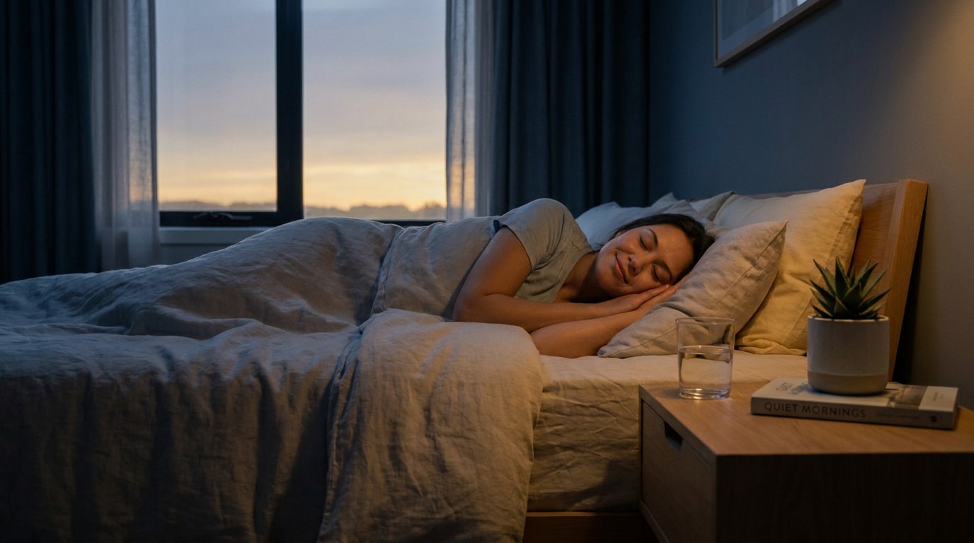 Comment retrouver un sommeil réparateur Une femme souriante et détendue dort paisiblement dans son lit au lever du soleil.
