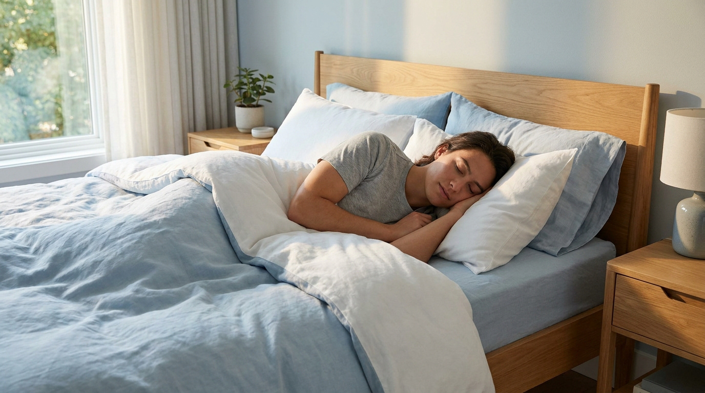Bien dormir pour mieux récupérer Une jeune femme dort paisiblement dans un lit confortable avec des draps bleus clairs.