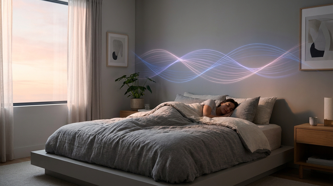 Une femme dort paisiblement dans un lit avec des ondes lumineuses stylisées flottant au-dessus d'elle.