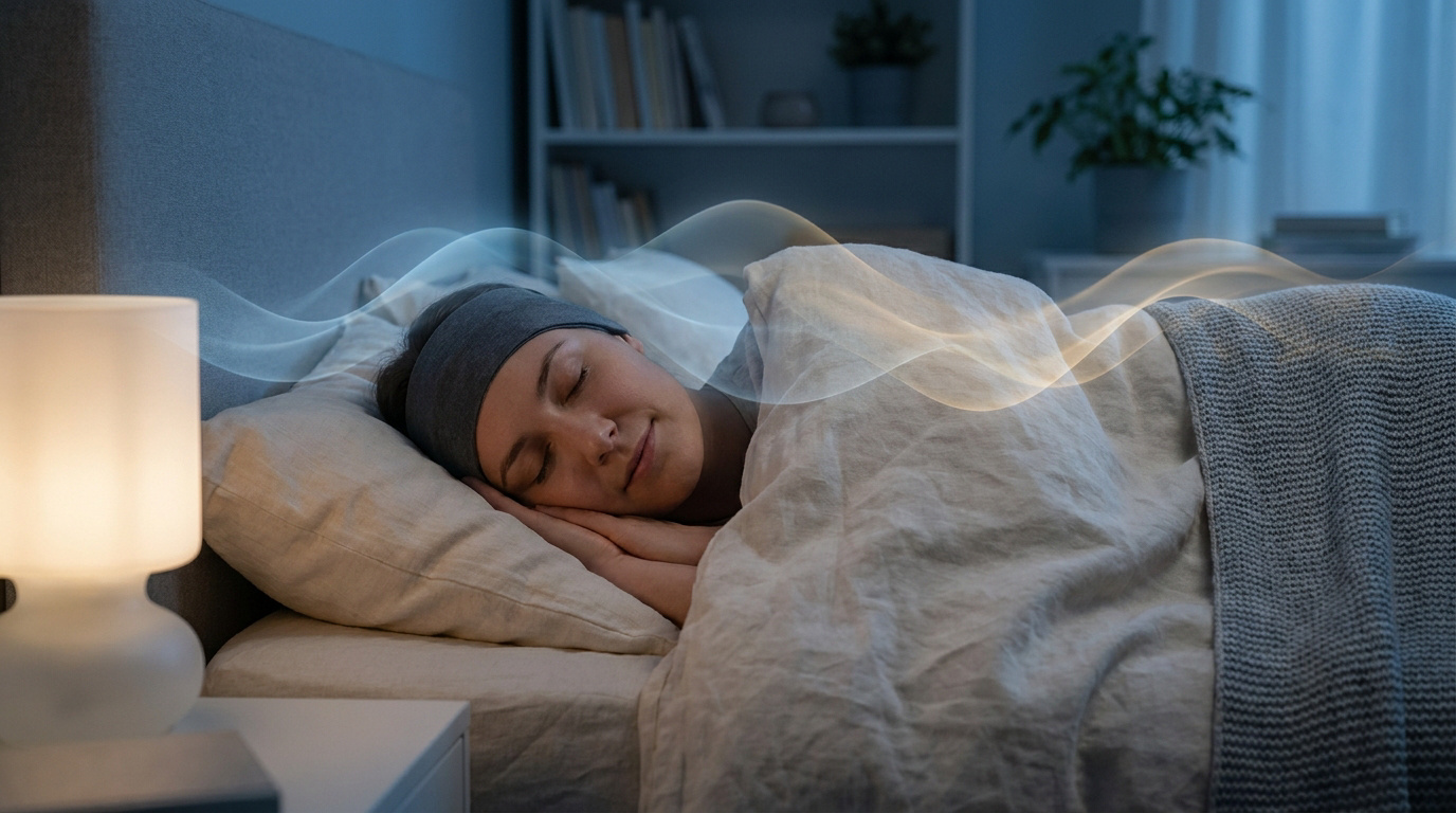 Sons binauraux : favoriser un sommeil profond et relaxant Une femme dort paisiblement avec un bandeau, entourée d'ondes lumineuses stylisées symbolisant la relaxation.