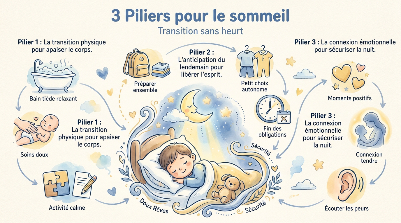 Enfant apaisé lors de sa routine du soir avec son parent