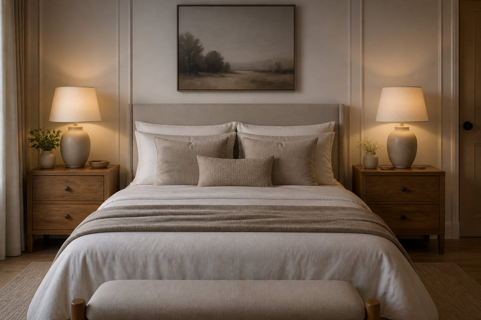 Chambre paisible avec deux tables de chevet symétriques de part et d'autre du lit