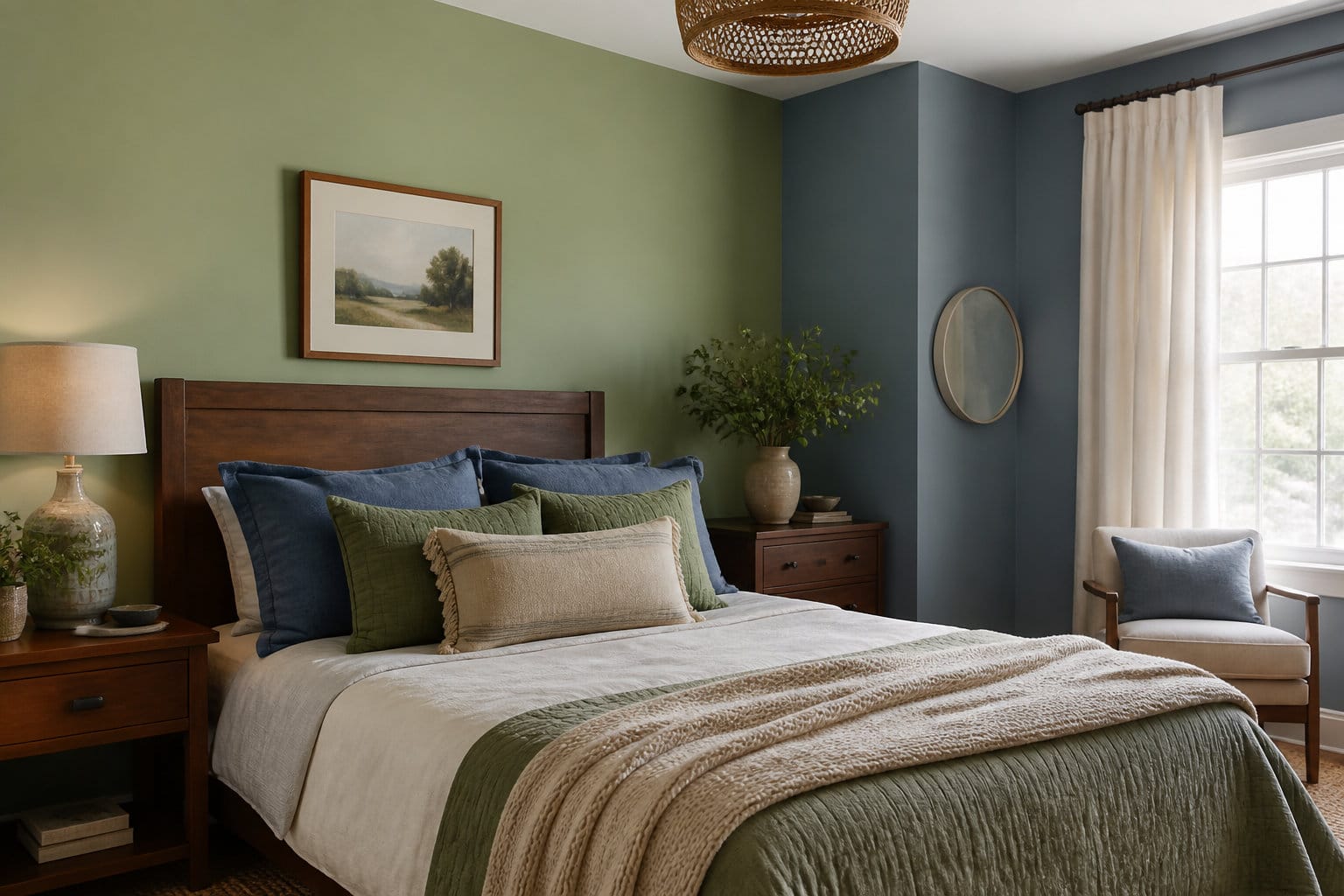 Chambre sereine aux murs vert sauge et bleu glacier avec literie claire