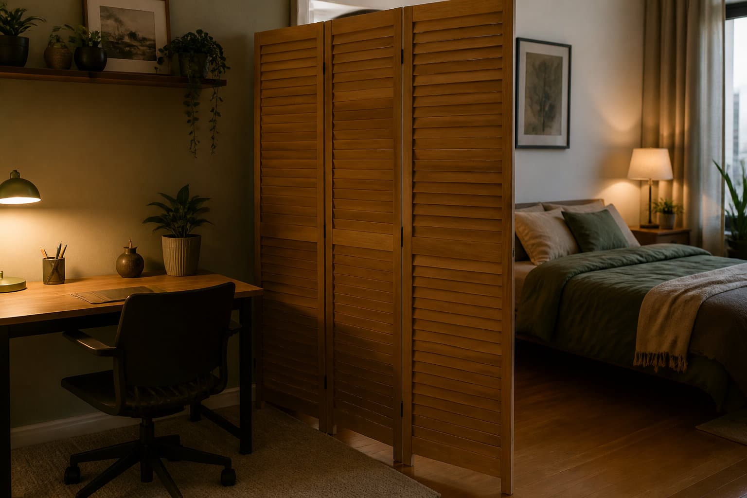 Coin bureau séparé de la chambre du sommeil par une cloison en bois ajourée