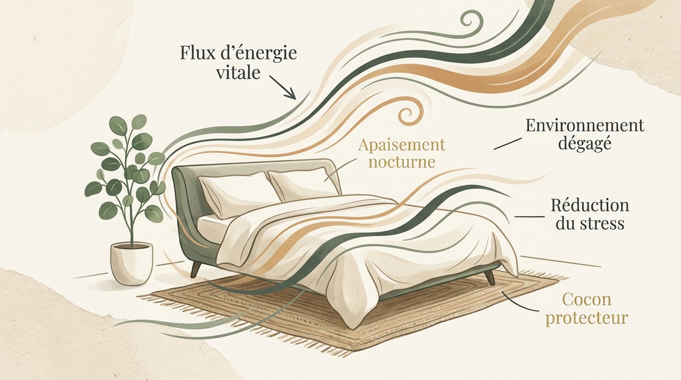 Chambre épurée aménagée selon les principes du Feng Shui avec des tons neutres et des matières naturelles