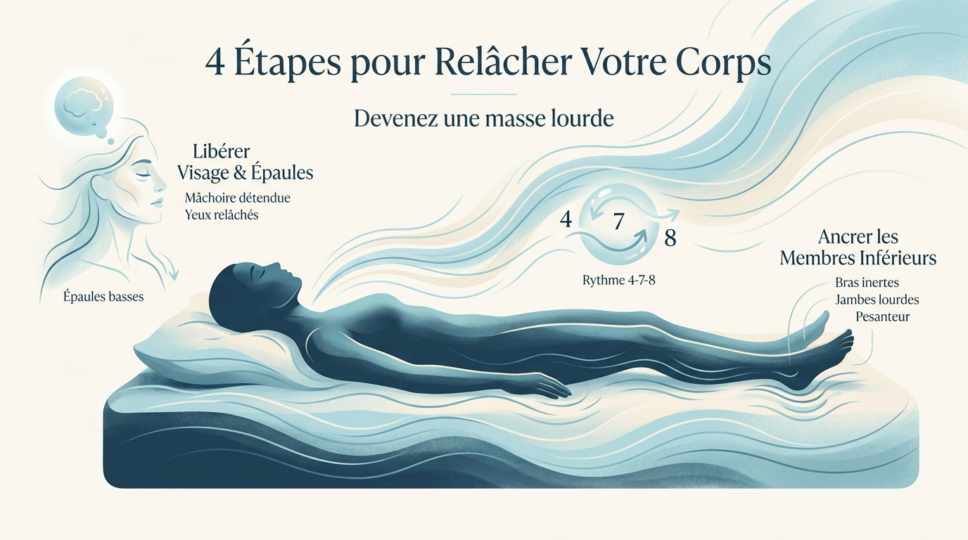 Infographie des 4 étapes pour relâcher les tensions physiques avant le sommeil