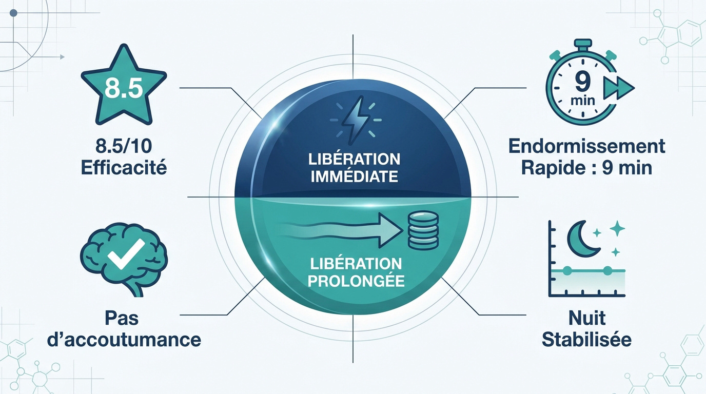 Infographie expliquant la technologie bicouche et l'efficacité de Granions Sommeil Chrono sur l'endormissement