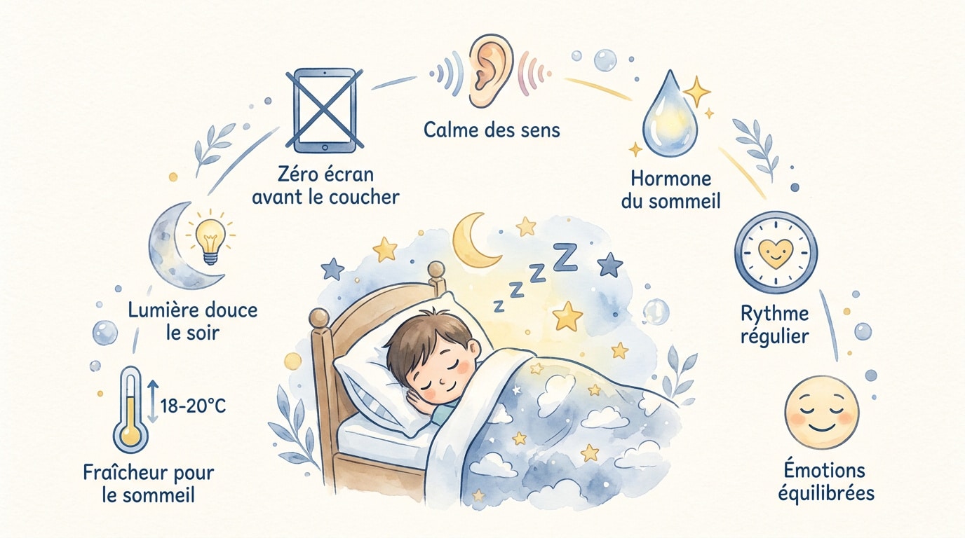 Infographie présentant les clés d'un sommeil réparateur pour l'enfant