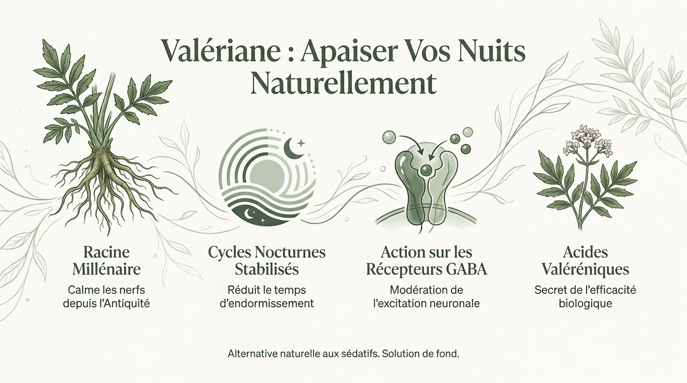 Infographie expliquant comment la valériane aide à apaiser les nuits naturellement