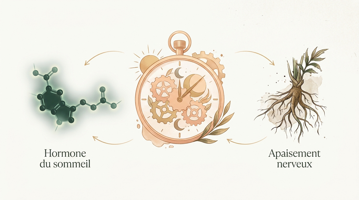 Schéma de l'horloge biologique humaine et interaction entre mélatonine et valériane