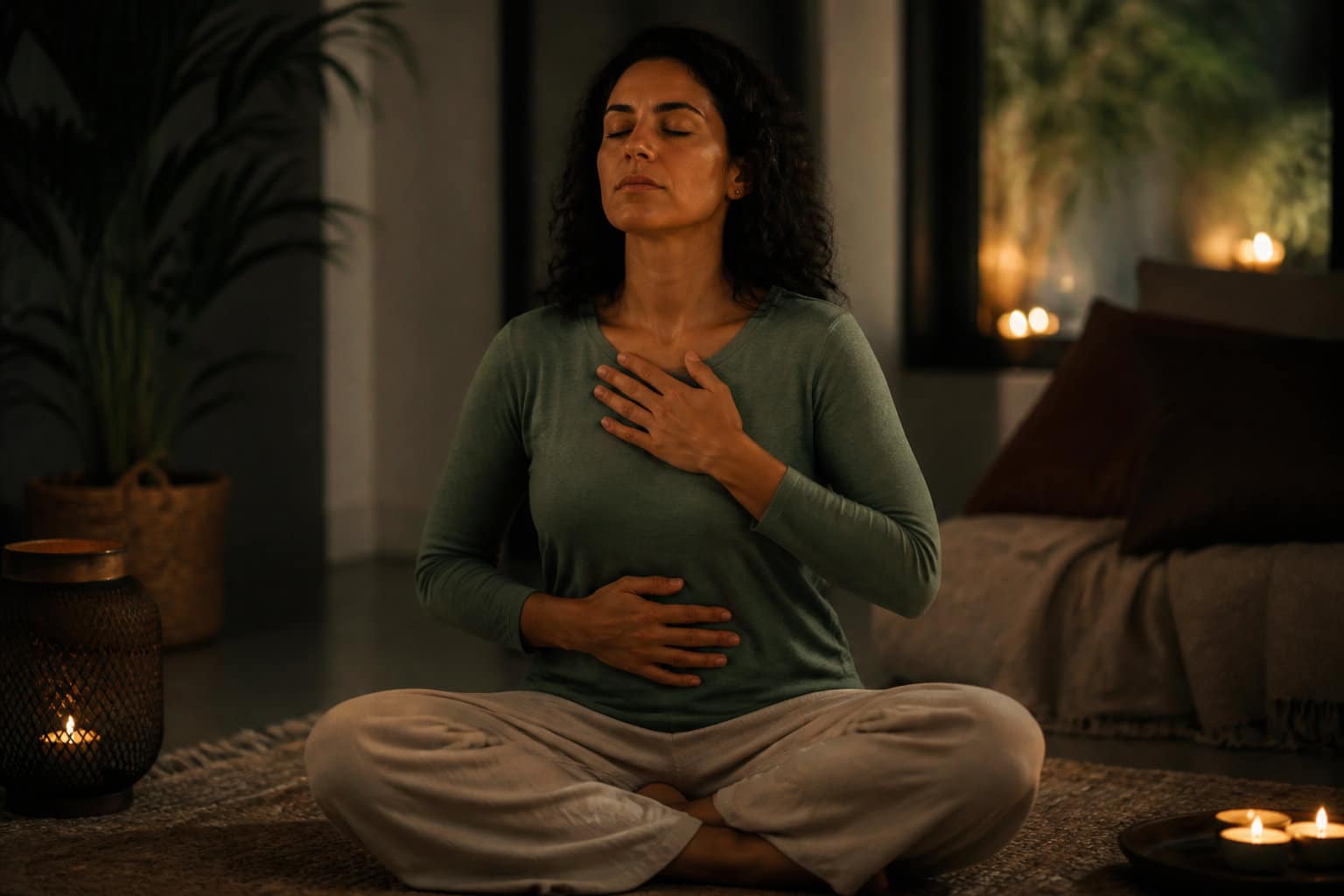 Personne pratiquant la méditation et la respiration profonde