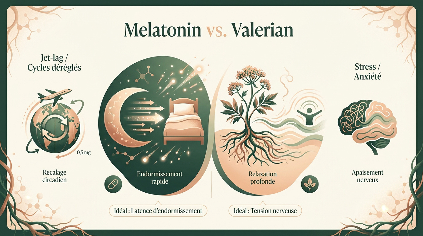 Comparaison visuelle entre les bienfaits de la mélatonine et de la valériane pour le sommeil