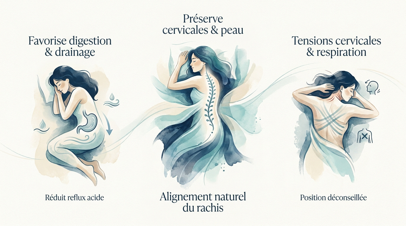 Comparaison visuelle des positions de sommeil sur le dos, le côté et le ventre avec leurs impacts anatomiques