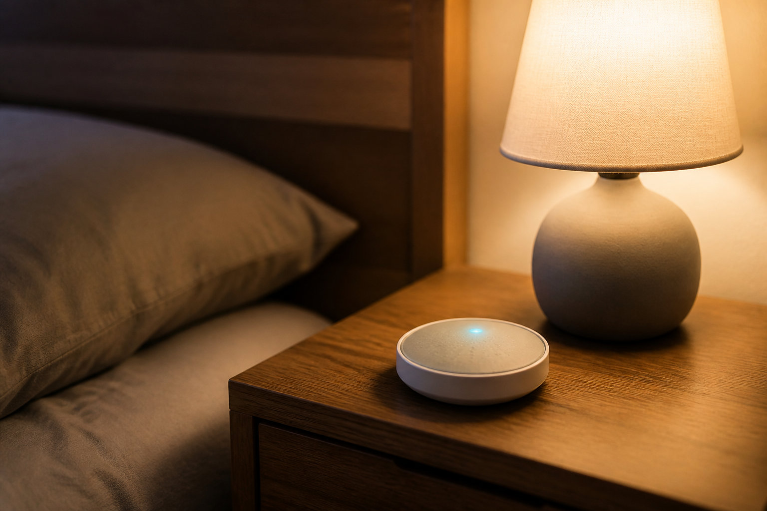Dodow posé sur une table de nuit en bois, utilisation quotidienne