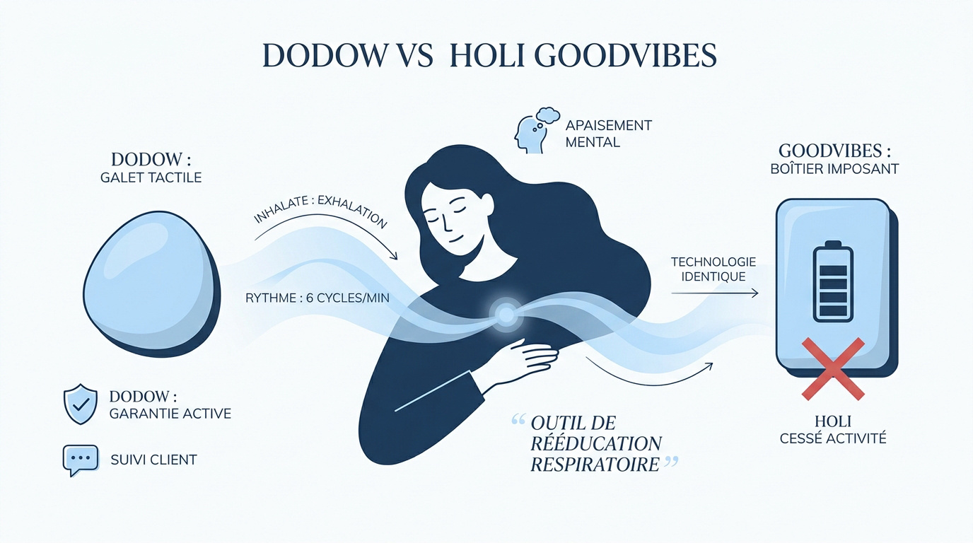 Comparaison visuelle entre le métronome lumineux Dodow et l'ancien boîtier Holi Goodvibes