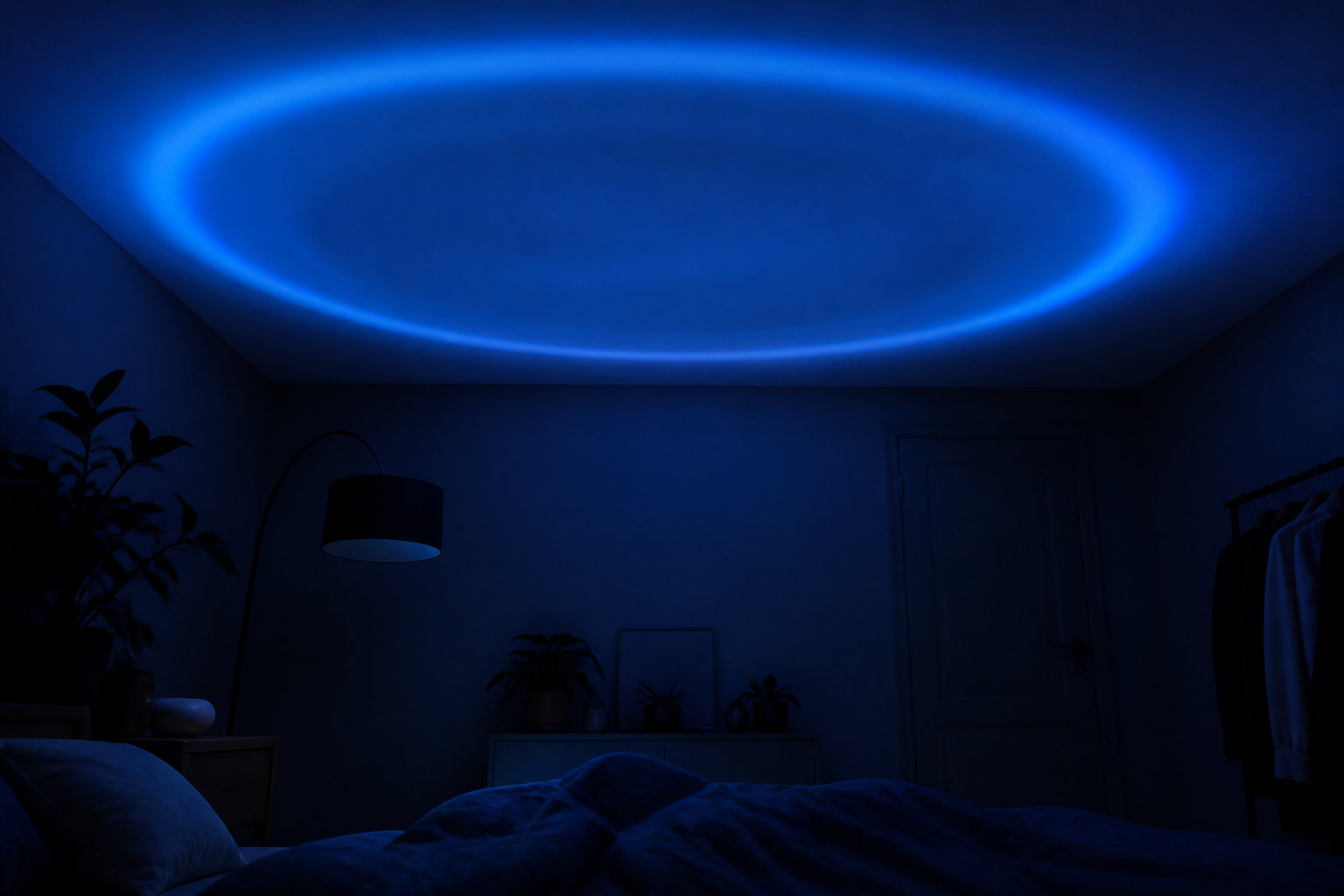 Halo bleu du Dodow projeté au plafond pour synchroniser la respiration