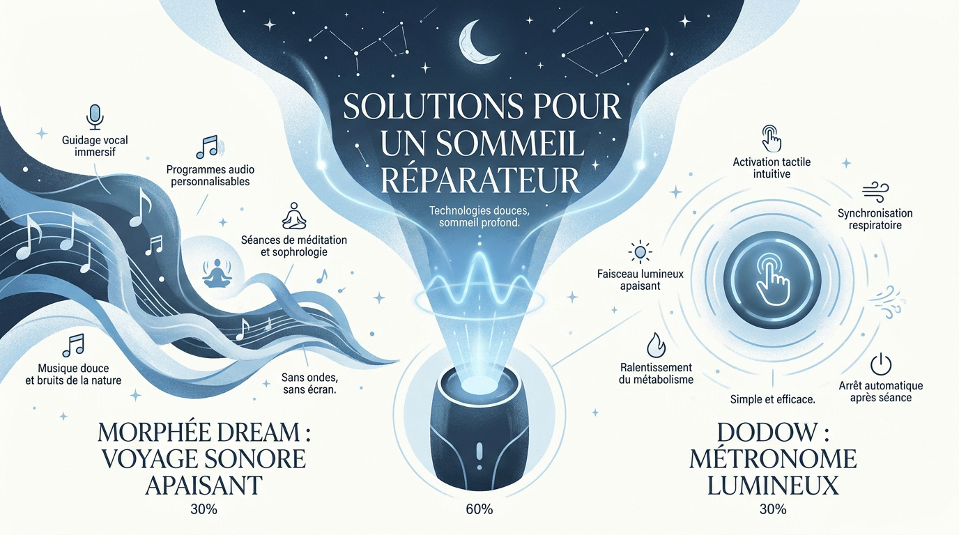 Comparaison visuelle entre les dispositifs de sommeil Morphée Dream et Dodow sur une table de chevet