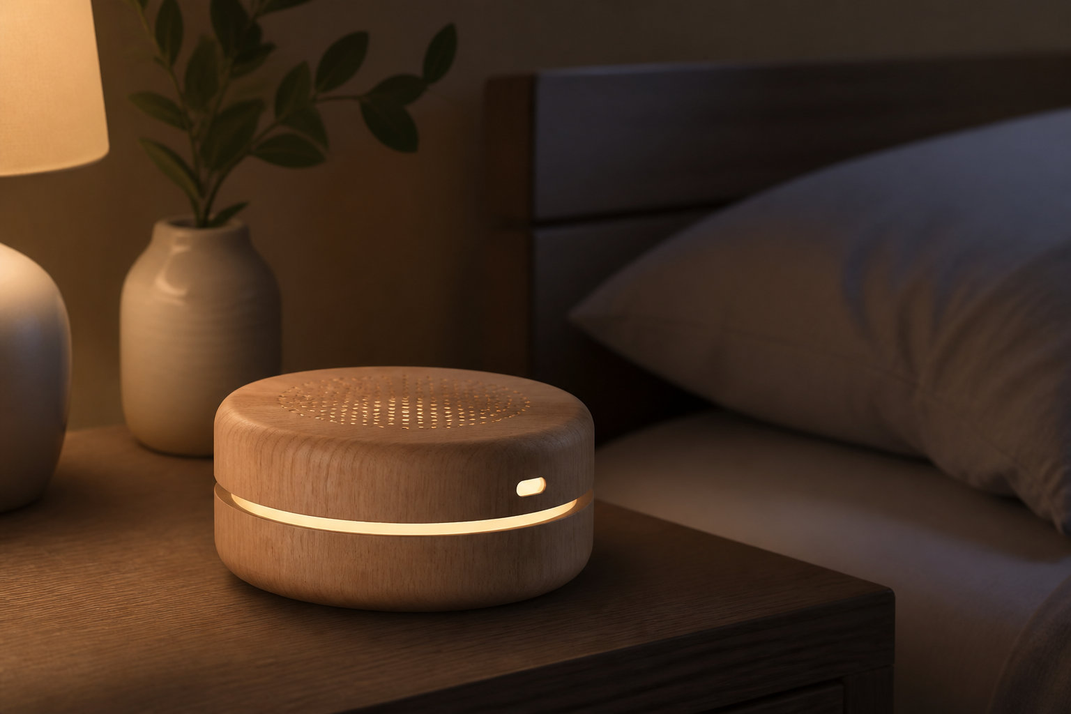 Boîtier Morphée Dream en bois posé sur une table de nuit